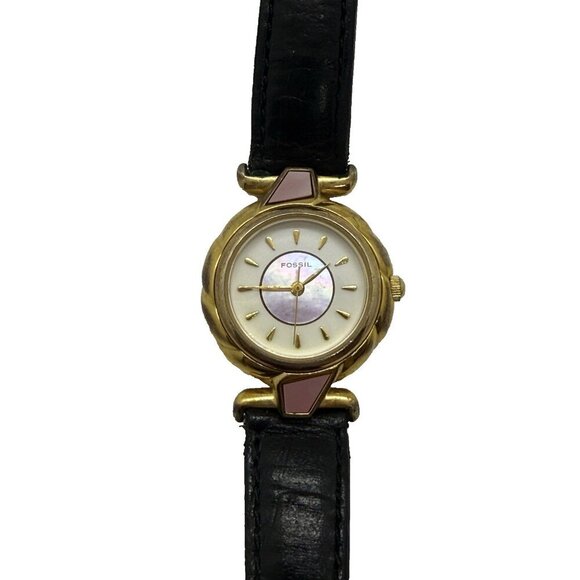 Vtg Fossil Women's Watch DR-2020 Mother of Pearl Face Pink Detail Black Leather - Picture 1 of 7